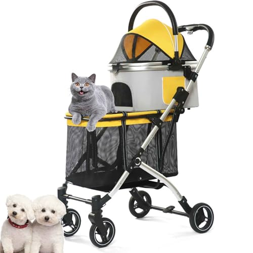 PJDDP Haustier-Kinderwagen, Hunde-Kinderwagen Für Mittelgroße Hunde Und Katzen, Hundebuggy Für 2 Hunde, Klappbarer Katzenwagen Mit Sicherheitsleinen von PJDDP