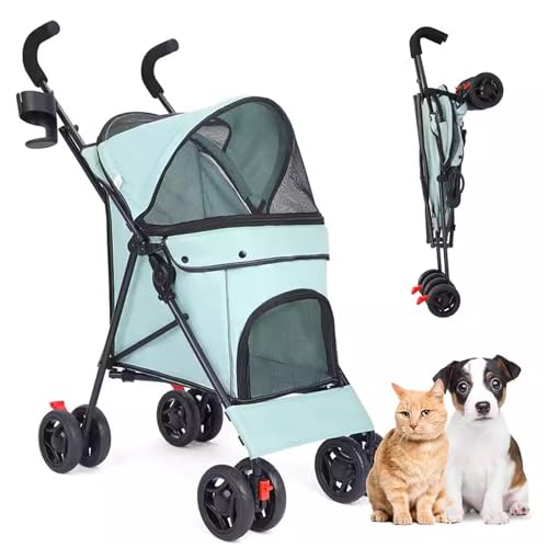 PJDDP Haustier-Kinderwagen, Katzen-Hunde-Kinderwagen, 4-Rad-Einfach Zusammenklappbarer Welpenkäfig-Jogger-Kinderwagen Mit Getränkehalter Für Kleine Katzen, Hunde, Welpen,Mint Green von PJDDP