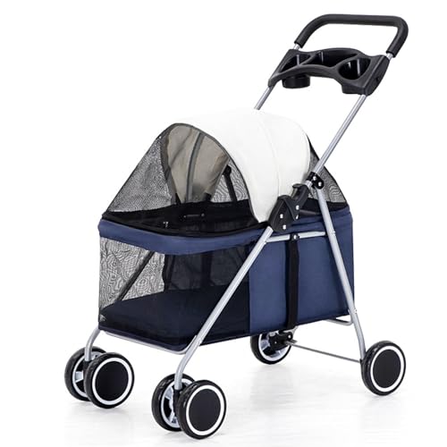 PJDDP Haustier-Kinderwagen Mit 4 Rädern, Faltbarer Hunde- Und Katzenkäfig-Jogger-Kinderwagen Mit Aufbewahrungskorb Und Getränkehalter,Blau von PJDDP