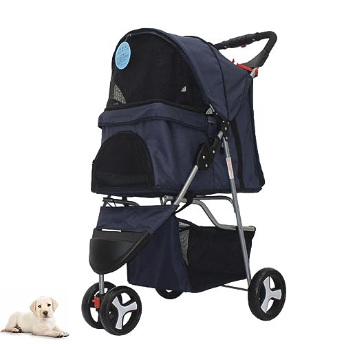 PJDDP Haustier-Kinderwagen mit 3 Rädern und Aufbewahrungskorb für mittelgroße kleine Hunde und Katzen, Jogger-Katzen-Hundekäfig, zusammenklappbarer Reise-Kinderwagen,Dark Blue von PJDDP