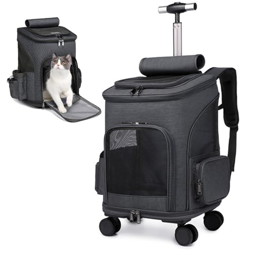 PJDDP Haustier Reisetasche, Hundetragetasche, Haustier Rolling Carrier Backpack,Faltbarer & Atmungsaktiver Katzenrucksack Mit Abnehmbaren Rädern,Reisetasche Mit Mesh Belüftungsfenster,Schwarz von PJDDP