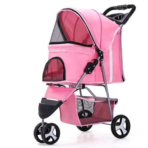 PJDDP Haustier-Spazierwagen Mit 3 Rädern Für Kleine/Mittelgroße Hunde Und Katzen Mit Aufbewahrungskorb Und Getränkehalter, Atmungsaktives Und Sichtbares Netz Für Die Ganze Saison,Rosa von PJDDP