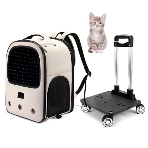 PJDDP Haustier-Trage-Rucksack, Haustier-Reisetransporter Mit Rädern,Rollender Katzenrucksack Mit Mesh-Belüftungsfenstern,Rucksack Kinderwagen,Atmungsaktive Reisetasche Mit Trolley,Beige von PJDDP