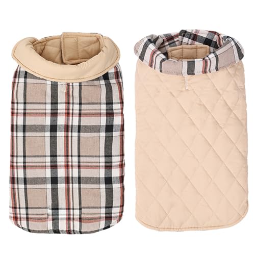 PJDDP Haustierhund kaltes Wettermäntel, Karierte Hundekleidung Hunde Winterweste Reversible Winterhundjacke wasserdichte Hundejacke Easy Hundeweste,Beige,XS von PJDDP