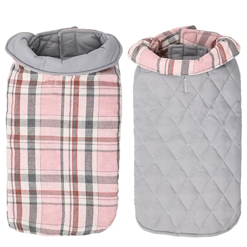 PJDDP Haustierhund kaltes Wettermäntel, Karierte Hundekleidung Hunde Winterweste Reversible Winterhundjacke wasserdichte Hundejacke Easy Hundeweste,Rosa,L von PJDDP