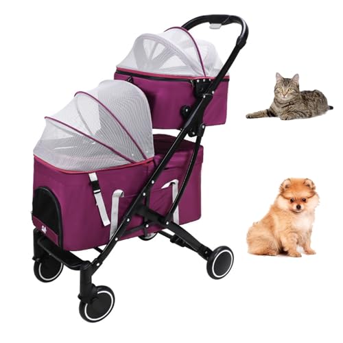 PJDDP Haustierwagen, Leichter Hunde Kinderwagen, Doppeldecker Haustier Kinderwagen, 4 Räder Klappernte Hundewagen, 360 ° Vorderrad Pet Jogger Kinderwagen, Reiseträger Der Einen Wagen,Lila von PJDDP