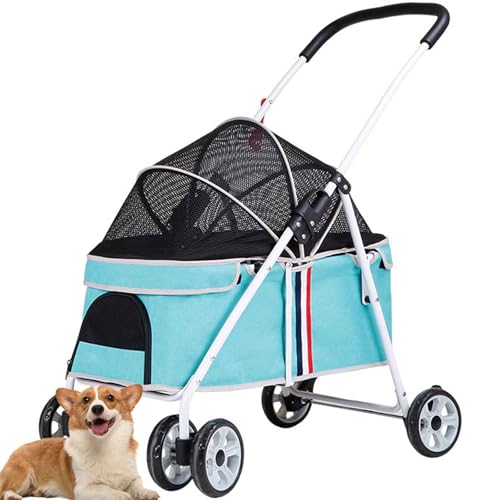 PJDDP Haustierwagen, Zusammenklappbarer Katzen-/Hundebuggy, Hunde-Kinderwagen Für Mittelgroße Hunde Und Katzen, Reisewagen Mit 4 Rädern Für Haustiere,Blau von PJDDP
