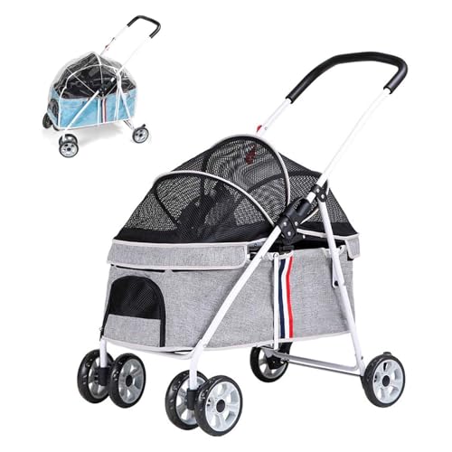 PJDDP Haustierwagen Mit Vier Rädern Für Katzen Und Hunde, Faltbarer Haustier-Kinderwagen Mit Regenschutz, Reise-Haustier-Kinderwagen, Für Kleine, Mittelgroße Haustiere,Grau von PJDDP