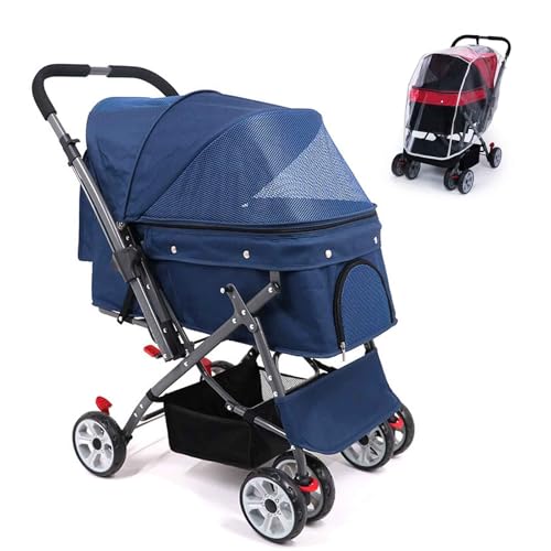 PJDDP Haustierwagen Mit Vier Rädern Für Katzen Und Hunde, Verstellbare Richtung, Faltbarer Haustier-Kinderwagen Mit Aufbewahrungskorb, Regenschutz,Blau von PJDDP