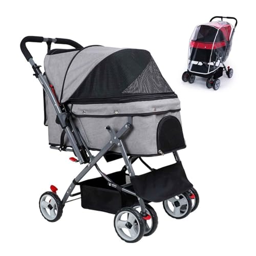 PJDDP Haustierwagen Mit Vier Rädern Für Katzen Und Hunde, Verstellbare Richtung, Faltbarer Haustier-Kinderwagen Mit Aufbewahrungskorb, Regenschutz,Grau von PJDDP