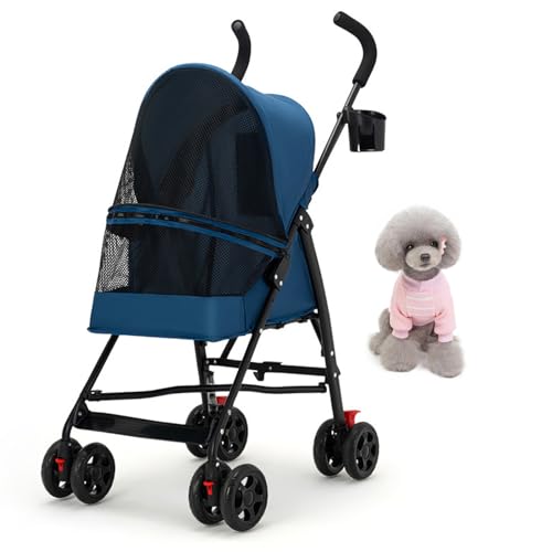 PJDDP Hund Katze Kinderwagen, 4 Räder Hund Jogger Kinderwagen Leichter Kinderwagen Leicht Mit Einer Hand Faltbarer Hundesportwagen Mit Aufbewahrungstasche Und Getränkehaltergriff,Blau von PJDDP