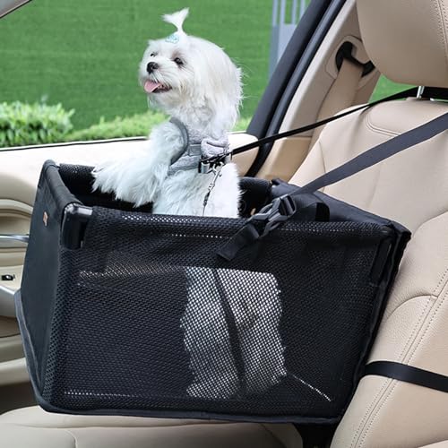 PJDDP Hunde-Autositz, Haustier-Sitzerhöhung mit zusammenklappbarem Metallrahmen, Haustier-Transportbox mit 2-seitigem Netzdesign, tragbarer Hunde-Autositz von PJDDP