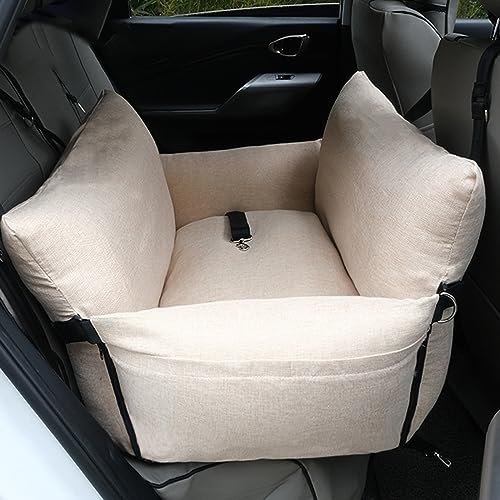 PJDDP Hunde-Autositz, Upgrade-Haustier-Autositz, tragbarer Booster-Haustiersitz für kleine und mittelgroße Hunde, vollständig abnehmbar und waschbar,Cotton and Linen Pure beige von PJDDP