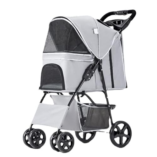 PJDDP Hunde- Und Katzen-Kinderwagen, 4-Rad-Haustier-Kinderwagen Mit Aufbewahrungskorb Und Getränkehalter Für Kleine Und Mittelgroße Katzen, Hunde-Reise-Klappwagen,Grau von PJDDP