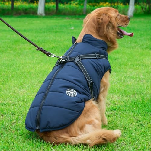 PJDDP Hunde-Wintermantel mit Geschirr, Hunde-Fleecejacke mit Reißverschluss, reflektierend, wasserdicht, Hundemantel für kaltes Wetter, dick gepolstert,Dark Blue,4XL PJDDP Hunde-Wintermantel mit Geschirr, Hunde-Fleecejacke mit Reißverschluss, reflektierend, wasserdicht, Hundemantel für kaltes Wetter, dick gepolstert,Dark Blue,4XL von PJDDP