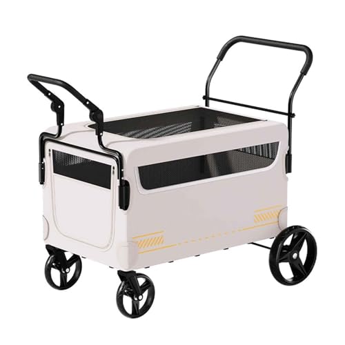 PJDDP Hundebuggy, Usammenklappbarer Hundewagen Mit 4 Rädern, Haustier-Kinderwagen Mit Netzfenstern, Bis 80Kg, Ideal Zum Spazierengehen, Joggen, Reisen,Beige von PJDDP