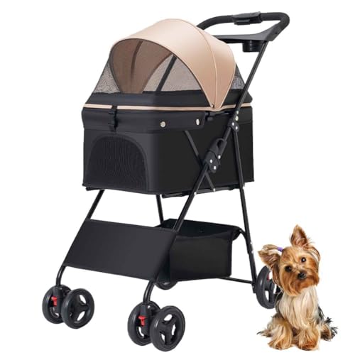 PJDDP Hundebuggy Für Kleine Hunde, Faltbarer Hundewagen, Katzenbuggy Mit Getränkehalter & Ablagekorb Für Kleine Katze Hund, Bis 15 Kg,Braun von PJDDP