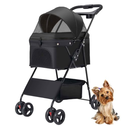 PJDDP Hundebuggy Für Kleine Hunde, Faltbarer Hundewagen, Katzenbuggy Mit Getränkehalter & Ablagekorb Für Kleine Katze Hund, Bis 15 Kg,Schwarz von PJDDP