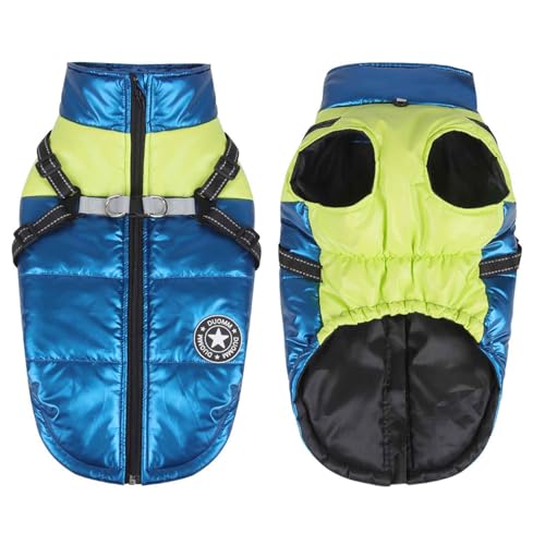 PJDDP Hundemantel Winter, Warm Hundejacke, Wasserdichter Hundejacke, Winddichte Hundekleidung Mit Reflexstreifen, Verstellbares Hundegeschirr, Für Kleine Hunde,Blue+Green,XXL von PJDDP