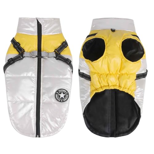 PJDDP Hundemantel Winter, Warm Hundejacke, Wasserdichter Hundejacke, Winddichte Hundekleidung Mit Reflexstreifen, Verstellbares Hundegeschirr, Für Kleine Hunde,White+Yellow,S von PJDDP