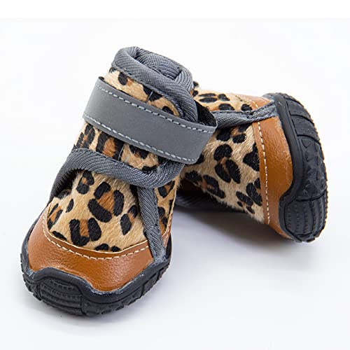 PJDDP Hundeschuhe Pfotenschutz 4 Stücke wasserdichte Hundeschuhe Pfotenschutz Atmungsaktiv Mit Abriebfester, Anti-Rutsch-Hundeschuhe Mit Verstellbarem Reflektierendem Riemen,Leopard,3 von PJDDP