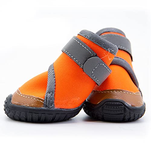 PJDDP Hundeschuhe Pfotenschutz 4 Stücke wasserdichte Hundeschuhe Pfotenschutz Atmungsaktiv Mit Abriebfester, Anti-Rutsch-Hundeschuhe Mit Verstellbarem Reflektierendem Riemen,Orange,4 von PJDDP