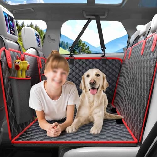 PJDDP Hundesitz Auto Rückbank Verbreitert Mit Netzfenster Und Aufbewahrungstasche, Rücksitzverlängerung Für Hunde Mit Harter Unterseite, Hunde-Auto-Hängematte Für Autos/Lkws/SUV von PJDDP