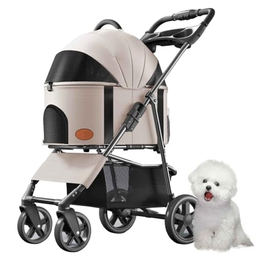 PJDDP Hundewagen, 3 in 1 Haustier-Kinderwagen, Katzenbuggy, Haustier Buggy Bis 15 Kg Mit Aufbewahrungskorb, Getränkehalter, Für Kleine Katze Hund,Cocoa Custard von PJDDP