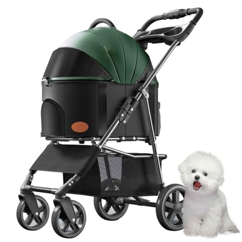 PJDDP Hundewagen, 3 in 1 Haustier-Kinderwagen, Katzenbuggy, Haustier Buggy Bis 15 Kg Mit Aufbewahrungskorb, Getränkehalter, Für Kleine Katze Hund,Grün von PJDDP