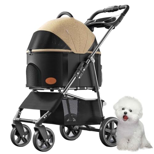PJDDP Hundewagen, 3 in 1 Haustier-Kinderwagen, Katzenbuggy, Haustier Buggy Bis 15 Kg Mit Aufbewahrungskorb, Getränkehalter, Für Kleine Katze Hund,Khaki von PJDDP