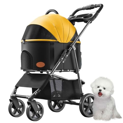 PJDDP Hundewagen, 3 in 1 Haustier-Kinderwagen, Katzenbuggy, Haustier Buggy Bis 15 Kg Mit Aufbewahrungskorb, Getränkehalter, Für Kleine Katze Hund,Lightning Yellow von PJDDP