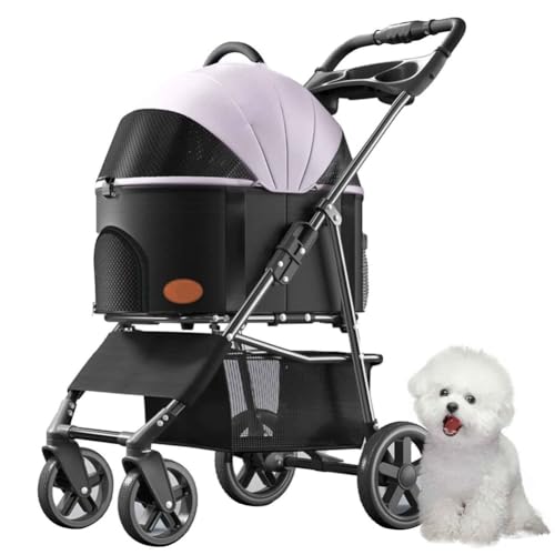 PJDDP Hundewagen, 3 in 1 Haustier-Kinderwagen, Katzenbuggy, Haustier Buggy Bis 15 Kg Mit Aufbewahrungskorb, Getränkehalter, Für Kleine Katze Hund,Lila von PJDDP