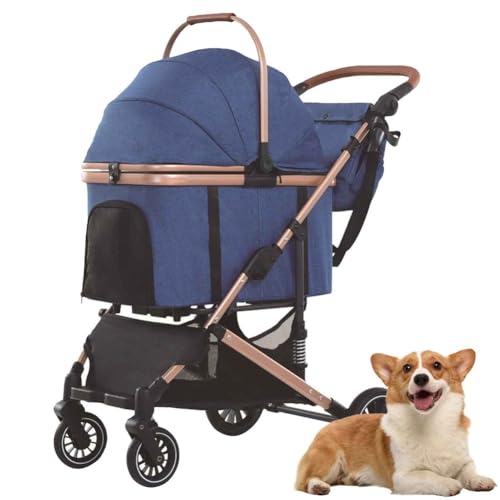PJDDP Hundewagen, 3 in 1 Hundebuggy, Faltbar Hund Kinderwagen, Katzenwagen Mit Verstellbarer Griff, Aufbewahrungskorb Für Kleine/Mittlere Hunde Und Katzen,Blau von PJDDP