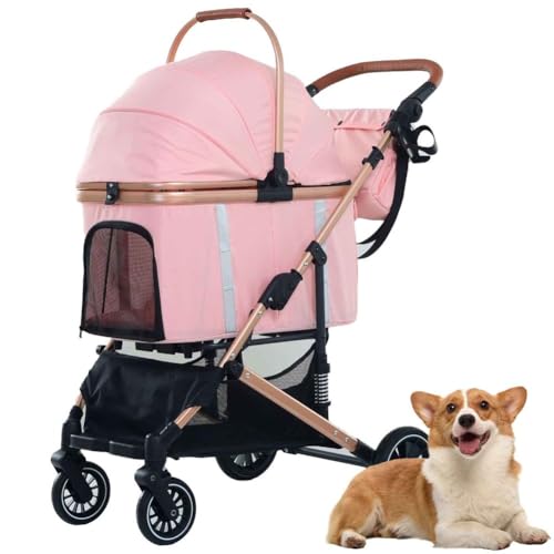 PJDDP Hundewagen, 3 in 1 Hundebuggy, Faltbar Hund Kinderwagen, Katzenwagen Mit Verstellbarer Griff, Aufbewahrungskorb Für Kleine/Mittlere Hunde Und Katzen,Rosa von PJDDP