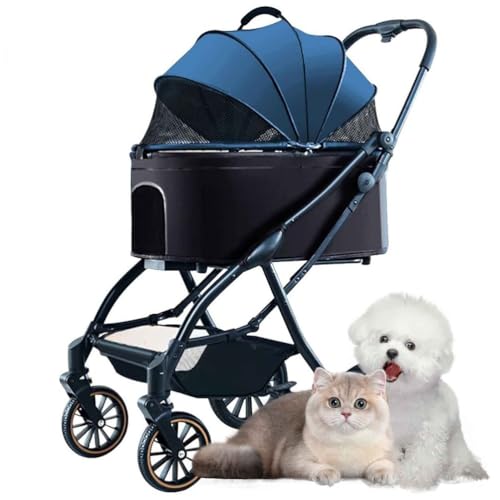 PJDDP Hundewagen, 3 in 1 Hundetrolley, Faltbarer Katzen-Hunde-Kinderwagen, Haustier-Kinderwagen Mit Aufbewahrungskorb Für Kleine Und Mittelgroße Katze Hund,Blau von PJDDP