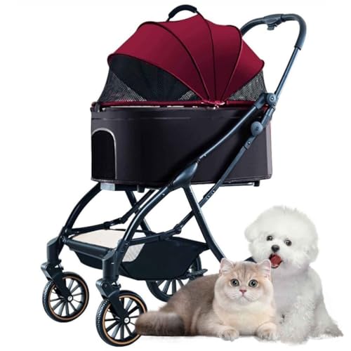 PJDDP Hundewagen, 3 in 1 Hundetrolley, Faltbarer Katzen-Hunde-Kinderwagen, Haustier-Kinderwagen Mit Aufbewahrungskorb Für Kleine Und Mittelgroße Katze Hund,Burgundy von PJDDP