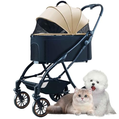 PJDDP Hundewagen, 3 in 1 Hundetrolley, Faltbarer Katzen-Hunde-Kinderwagen, Haustier-Kinderwagen Mit Aufbewahrungskorb Für Kleine Und Mittelgroße Katze Hund,Khaki von PJDDP
