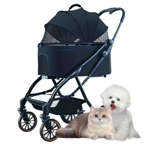 PJDDP Hundewagen, 3 in 1 Hundetrolley, Faltbarer Katzen-Hunde-Kinderwagen, Haustier-Kinderwagen Mit Aufbewahrungskorb Für Kleine Und Mittelgroße Katze Hund,Schwarz von PJDDP