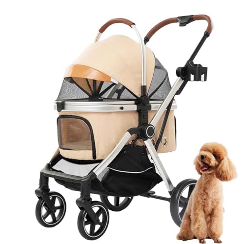 PJDDP Hundewagen 3 In1, Faltbarer Hundebuggy, Katzenwagen Mit Aufbewahrungskorb, Sicherheitsleine, Bis 30Kg, Für Kleine/Mittlere Hunde Und Katzen,Khaki von PJDDP