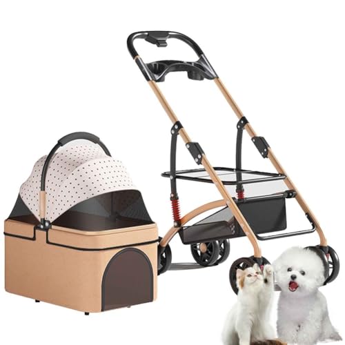 PJDDP Hundewagen 3 In1, Hundewagen Klappbar Für Kleine, Haustier-Kinderwagen Mit Aufbewahrungskorb Und Getränkehalter, Für Kleine Hunde,Rose Gold von PJDDP