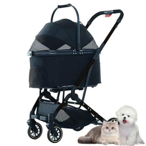 PJDDP Hundewagen 3 in 1, Hundebuggy Fuer Kleine Hunde, Faltbar Hund Kinderwagen Mit Aufbewahrungskorb, Sicherheitsgurt, Für Kleine Hunde & Katz,Schwarz von PJDDP