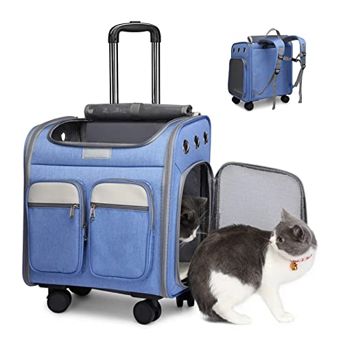 PJDDP Katzen Rucksack Mit Rollen Für Transport, Für Haustiere,Kleine Hunde Bis,Haustier-Tragerucksack,Trolley, Haustier-Reisetragetasche, Faltbare Transporttasche Mit Abnehmbaren Rädern,Blau von PJDDP