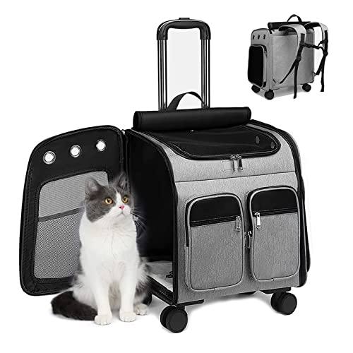 PJDDP Katzen Rucksack Mit Rollen Für Transport, Für Haustiere,Kleine Hunde Bis,Haustier-Tragerucksack,Trolley, Haustier-Reisetragetasche, Faltbare Transporttasche Mit Abnehmbaren Rädern,Grau von PJDDP