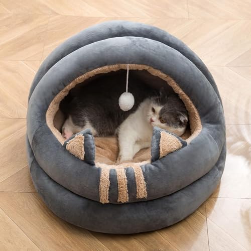 PJDDP Katzenbett, süßes Katzenstreu, selbstwärmende Katzenzelthöhle, halbgeschlossene Hundehütte, Haustierkissen-Betthaus, weiches Schlafsofa für kleine mittelgroße Haustiere,Grau,Large von PJDDP