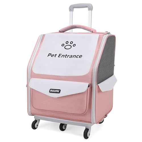 PJDDP Katzentransporter-Rucksack Mit Stauraum, Haustier-Reisetasche Mit Rädern,Rollender Katzenrucksack,Hunde-Reisetasche Mit Mesh-Belüftungsfenstern,Abnehmbare Und Faltbare Reisetasche,Rosa von PJDDP