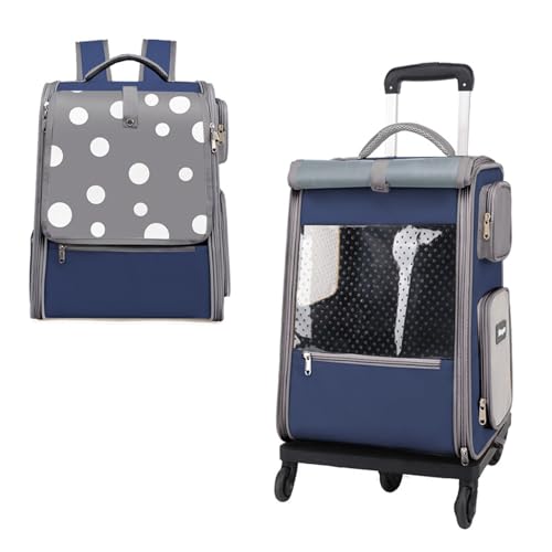 PJDDP Katzentransportrucksack Mit Stauraum, Haustier-Tragerucksack Auf Rädern,Katzenrucksack Mit Mesh-Belüftungsfenstern,Atmungsaktive Haustier Trolley Tasche Für Reisen,Dark Blue von PJDDP