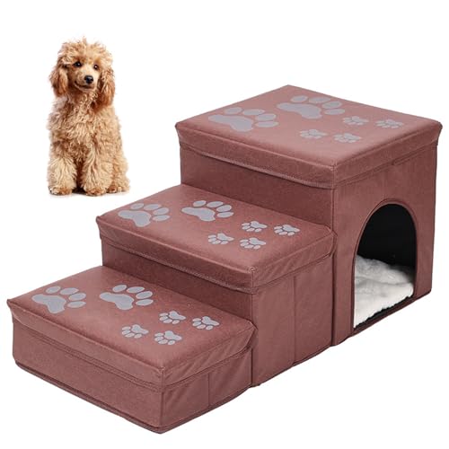 PJDDP Klappbare Rampe Für Haustiere, Hunde-Rampe Mit Lagerung,rutschfeste Hundetreppe Für Bett Mit Haustier-Kletterleitern/Cozy Condo/Aufbewahrungsboxen,Haustier-Aufbewahrungs-Treppe,Braun von PJDDP