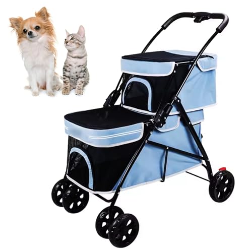 PJDDP Klappbarer Kinderwagen Für Haustiere, Hunde-Kinderwagen,Double Decker Haustier Kinderwagen,4 Räder Leichter Hundewagen Mit Sicherheitsgurt Und Mesh-Fenster,Blau von PJDDP