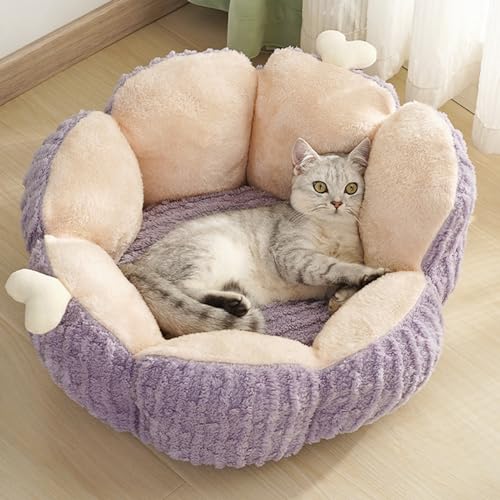 PJDDP Kleines Katzenbett, Kaktusblüten-Haustierbett, Rundes Plüsch-Haustierbett Für Drinnen, Kätzchen, Welpen, Kaninchen, Kätzchen, Betthöhle Mit Abnehmbarem, Waschbarem Kissen,Lila,M von PJDDP