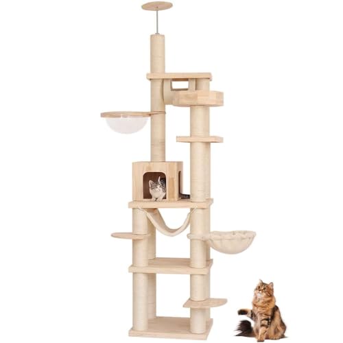PJDDP Kratzbaum Deckenhoch, Katzenbaum Vom Boden Bis Zur Decke Verstellbar, Höhenverstellbar (261.5-271.5Cm) Mit Hängematte Und Katzenhöhle Für Katzen Zum Klettern, Kratzen von PJDDP